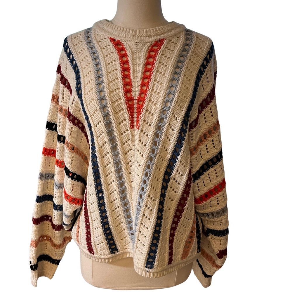 Dex Red and Cream Crew Neck Sweater with Geometric Design